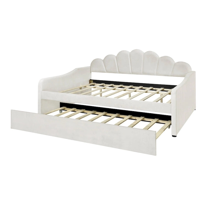 Cadre de lit de repos pleine grandeur en tissu d'ameublement avec dossier en forme de coquille et lit gigogne, blanc
