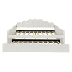 Cadre de lit de repos pleine grandeur en tissu d'ameublement avec dossier en forme de coquille et lit gigogne, blanc