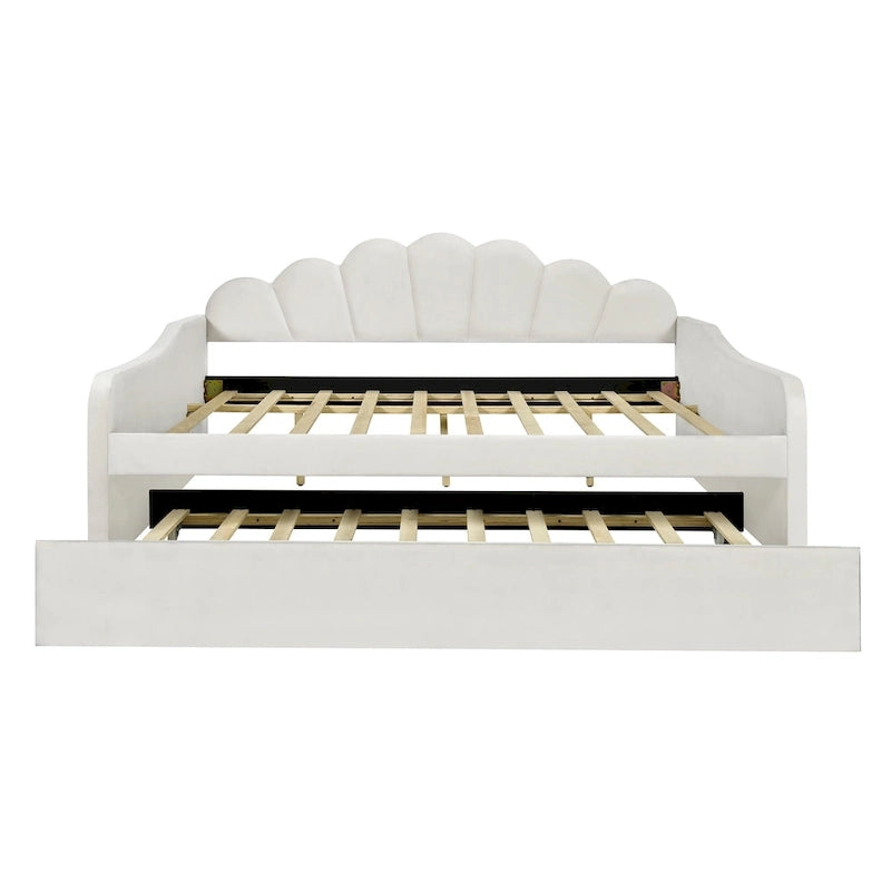 Cadre de lit de repos pleine grandeur en tissu d'ameublement avec dossier en forme de coquille et lit gigogne, blanc