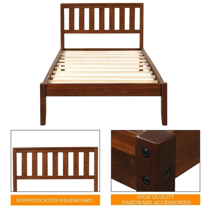 Lit de plateforme double en bois avec tête de lit et support à lattes en bois