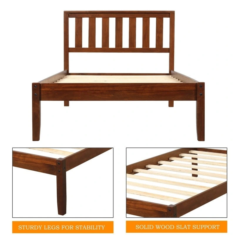 Lit de plateforme double en bois avec tête de lit et support à lattes en bois