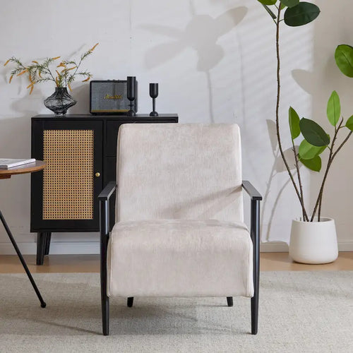 26.38 Fauteuil de salon moderne beige avec revêtement en polyester et cadre métallique robuste, idéal pour le salon, la chambre ou le bureau.