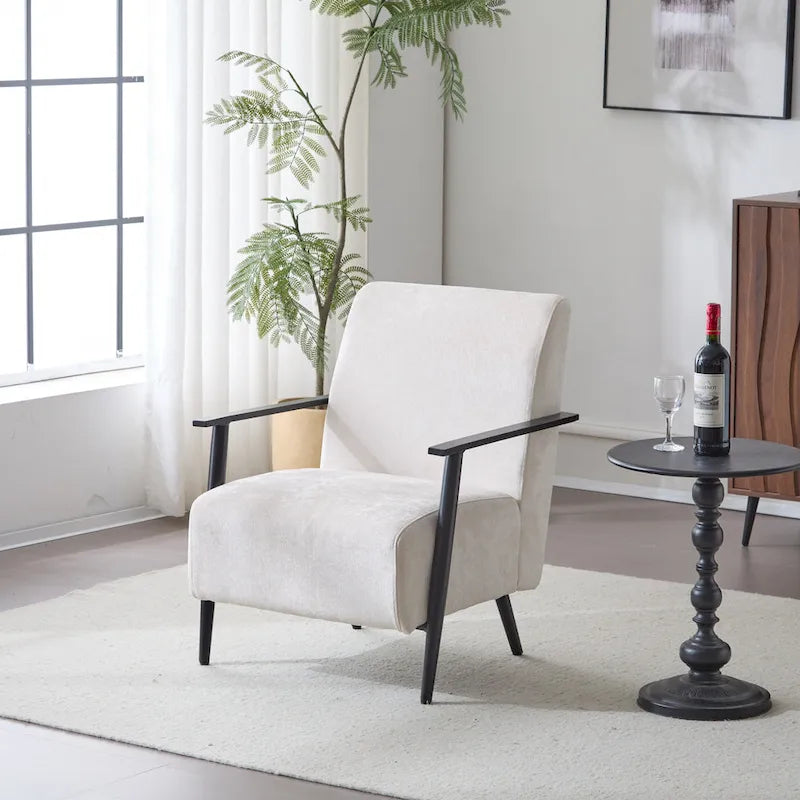 26.38 Fauteuil de salon moderne beige avec revêtement en polyester et cadre métallique robuste, idéal pour le salon, la chambre ou le bureau.