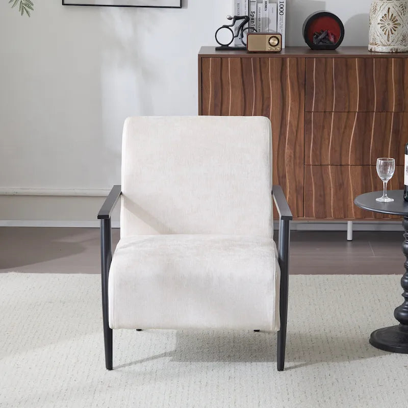 26.38 Fauteuil de salon moderne beige avec revêtement en polyester et cadre métallique robuste, idéal pour le salon, la chambre ou le bureau.