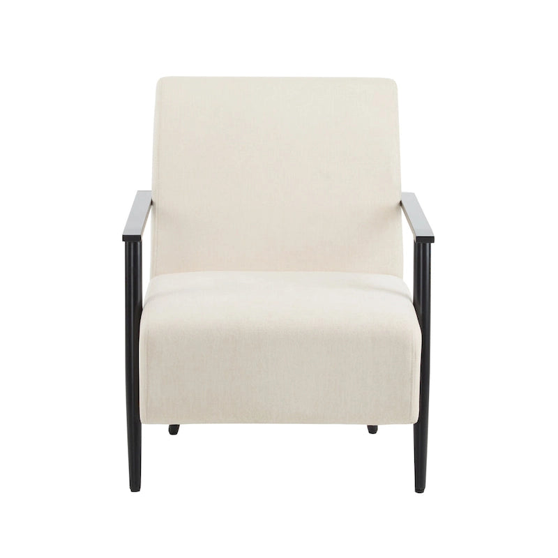 26.38 Fauteuil de salon moderne beige avec revêtement en polyester et cadre métallique robuste, idéal pour le salon, la chambre ou le bureau.