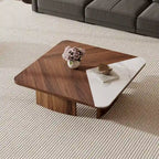 Table basse carrée moderne de 90 cm, placage en bois massif avec plateau en pierre frittée blanche
