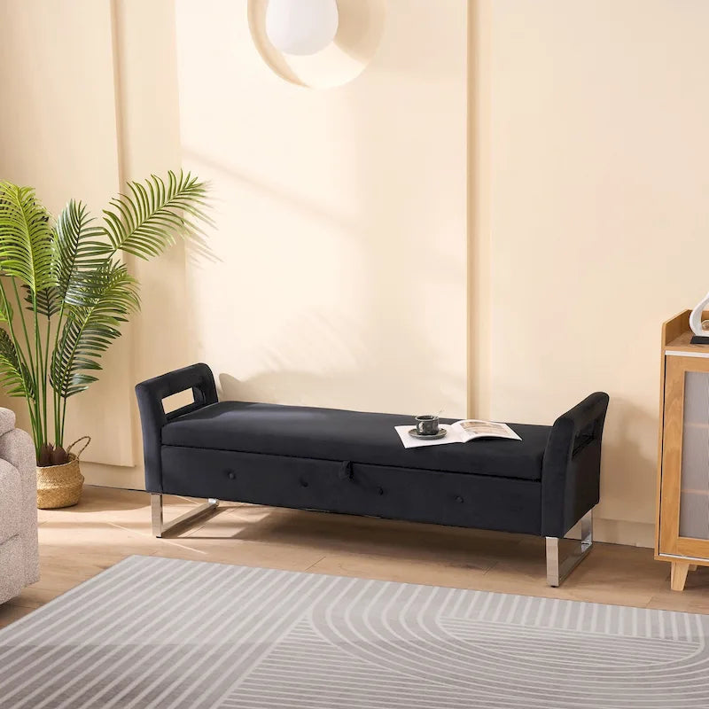 67,91Banc de rangement large en velours doux avec accoudoirs pour salon, entrée et chambre à coucher