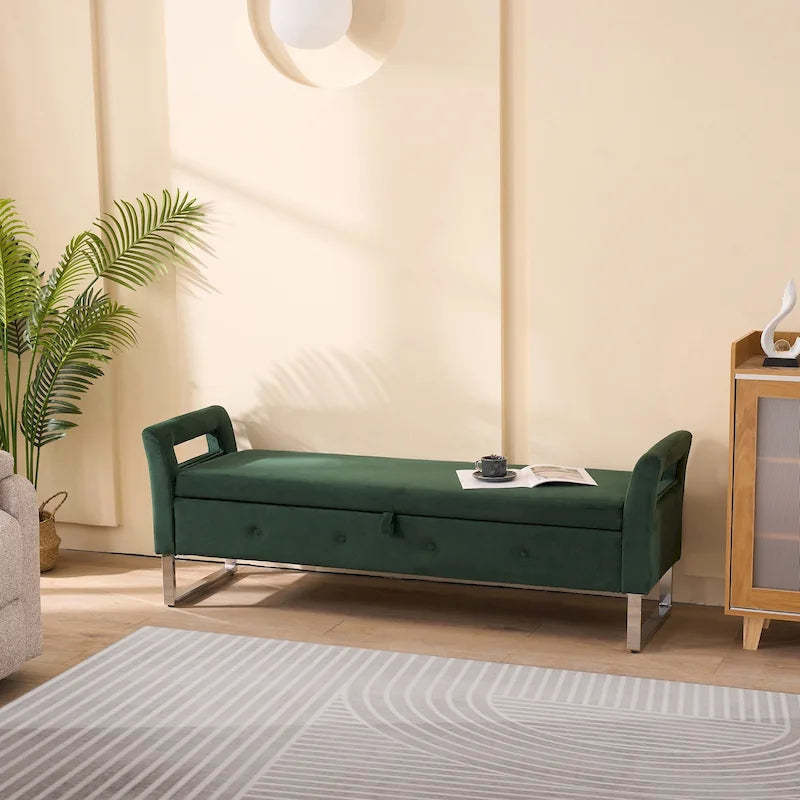 67,91Banc de rangement large en velours doux avec accoudoirs pour salon, entrée et chambre à coucher