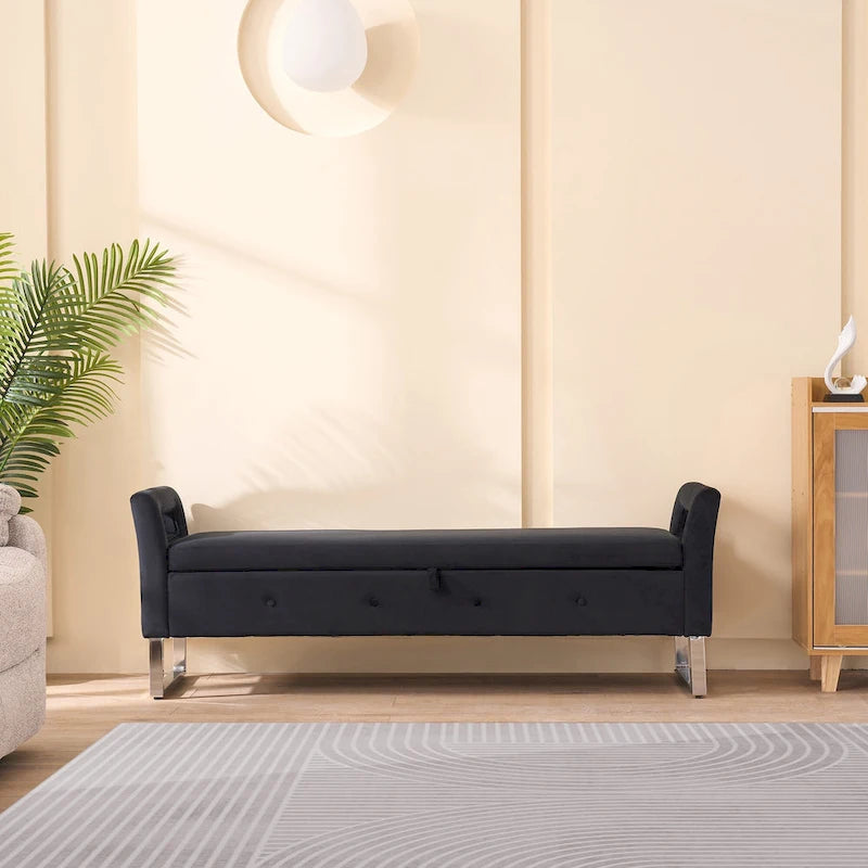 67,91Banc de rangement large en velours doux avec accoudoirs pour salon, entrée et chambre à coucher
