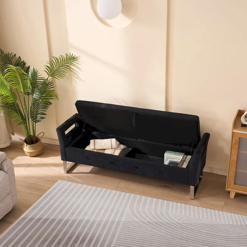 67,91Banc de rangement large en velours doux avec accoudoirs pour salon, entrée et chambre à coucher