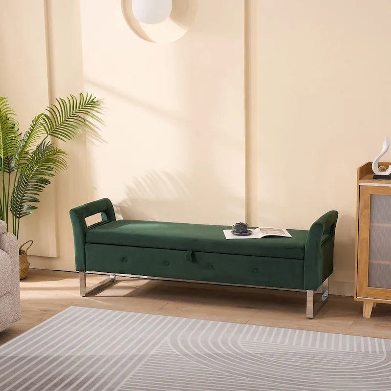 67,91Banc de rangement large en velours doux avec accoudoirs pour salon, entrée et chambre à coucher