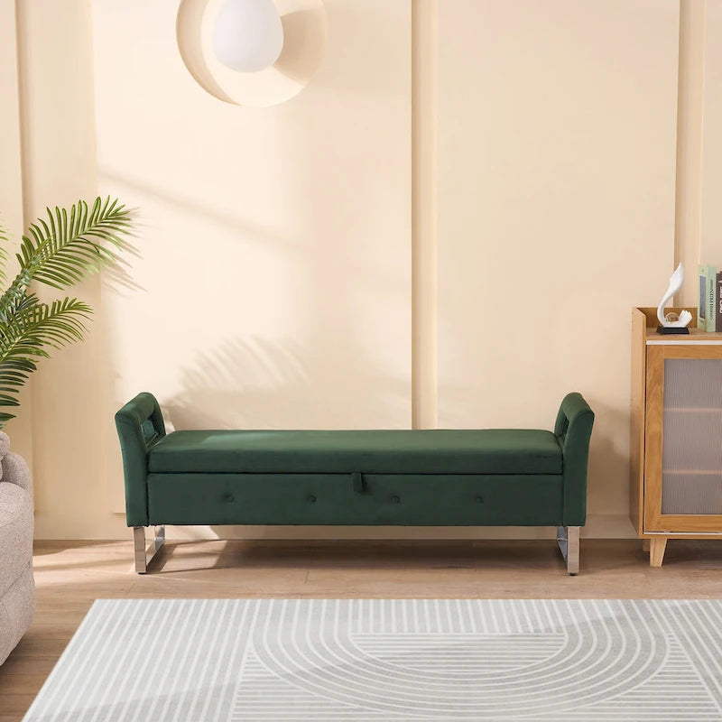 67,91Banc de rangement large en velours doux avec accoudoirs pour salon, entrée et chambre à coucher