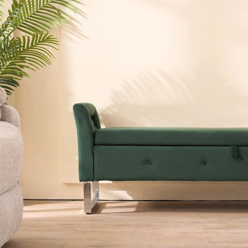 67,91Banc de rangement large en velours doux avec accoudoirs pour salon, entrée et chambre à coucher