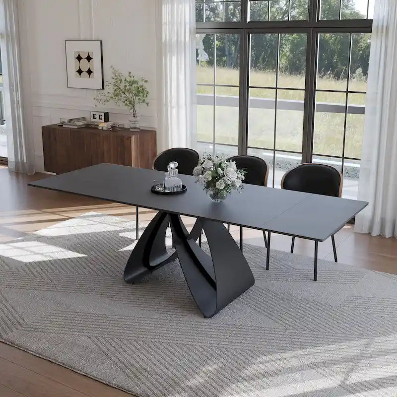 63-94Table de salle à manger moderne extensible pour 6 à 10 personnes, table de cuisine noire mate avec pieds en acier au carbone noir