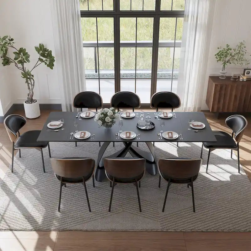 63-94Table de salle à manger moderne extensible pour 6 à 10 personnes, table de cuisine noire mate avec pieds en acier au carbone noir