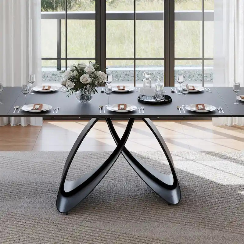 63-94Table de salle à manger moderne extensible pour 6 à 10 personnes, table de cuisine noire mate avec pieds en acier au carbone noir