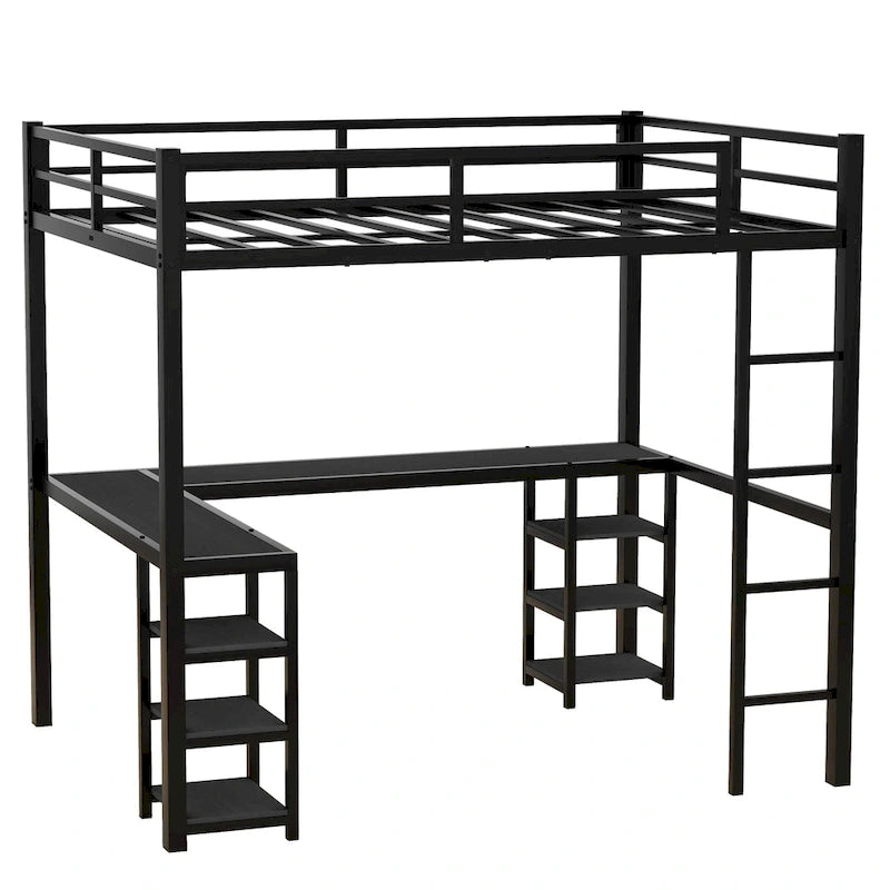 Lit mezzanine en métal avec bureau et étagères