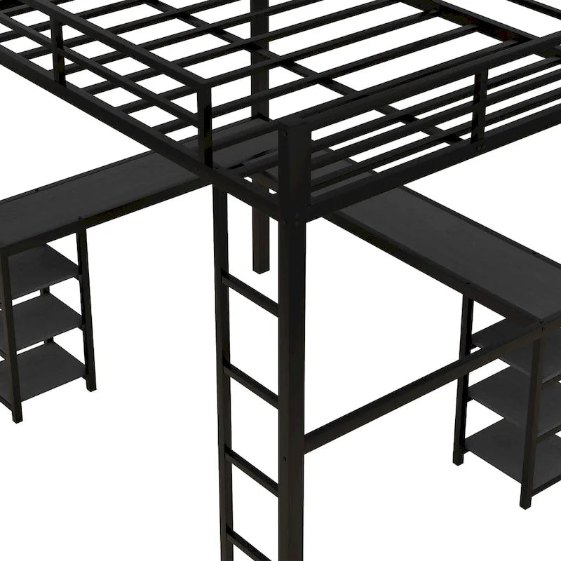 Lit mezzanine en métal avec bureau et étagères
