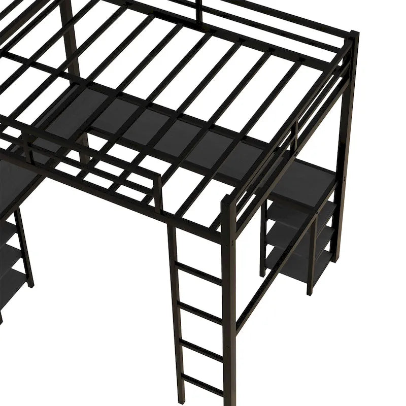 Lit mezzanine en métal avec bureau et étagères