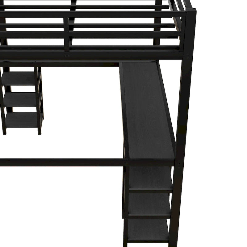 Lit mezzanine en métal avec bureau et étagères