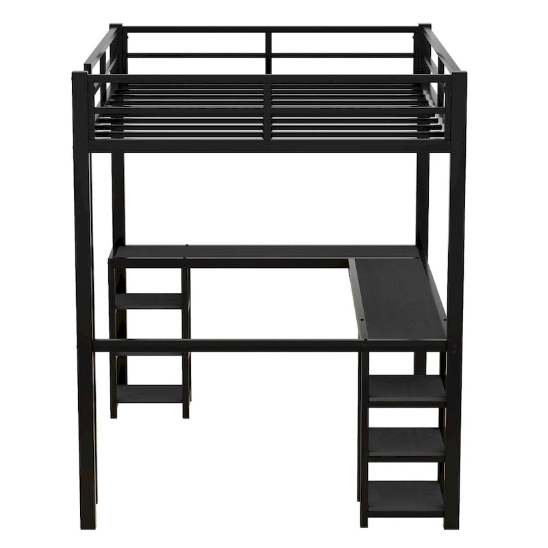 Lit mezzanine en métal avec bureau et étagères