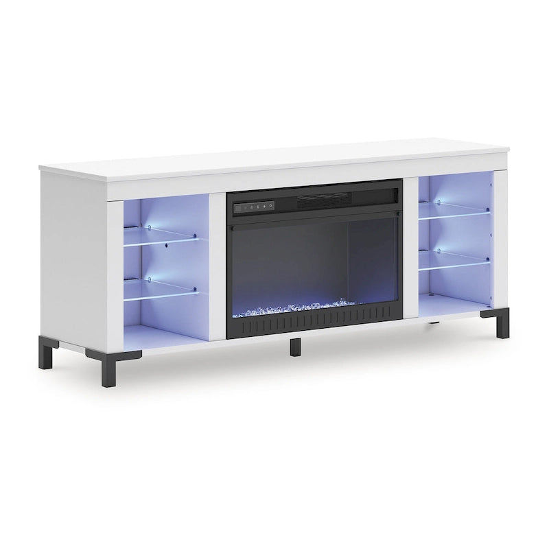 Meuble TV blanc avec cheminée électrique, 1 personne, 60 po L