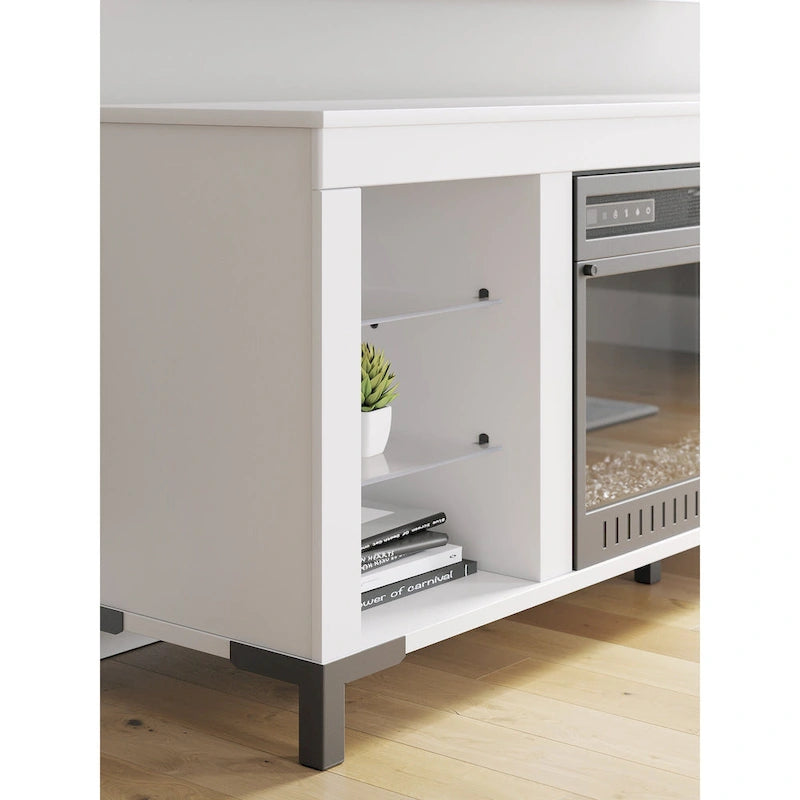 Meuble TV blanc avec cheminée électrique, 1 personne, 60 po L