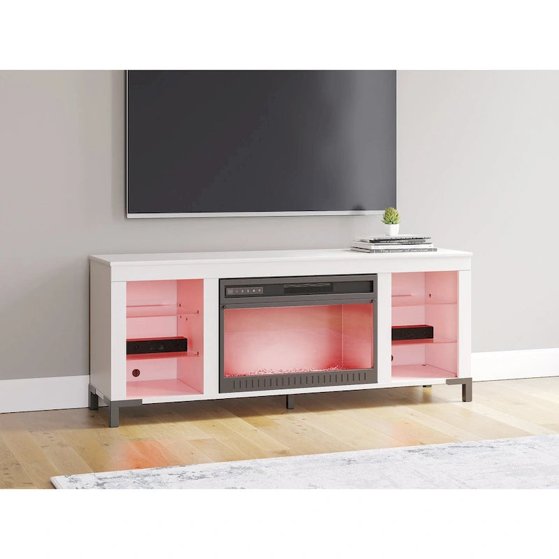 Meuble TV blanc avec cheminée électrique, 1 personne, 60 po L