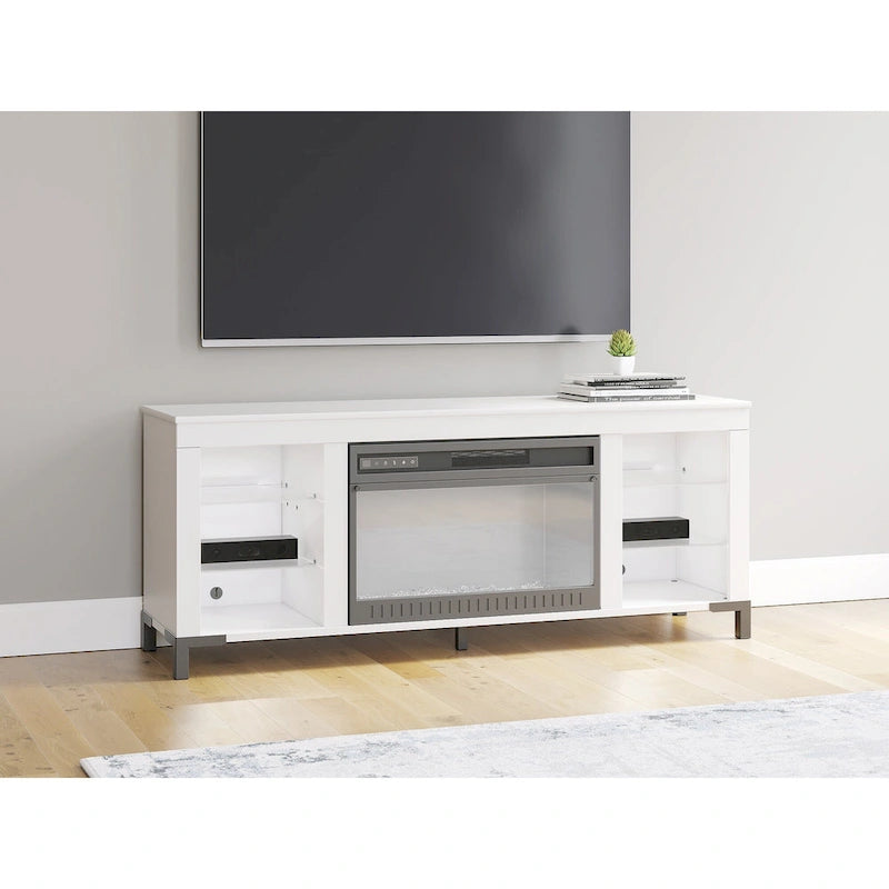 Meuble TV blanc avec cheminée électrique, 1 personne, 60 po L
