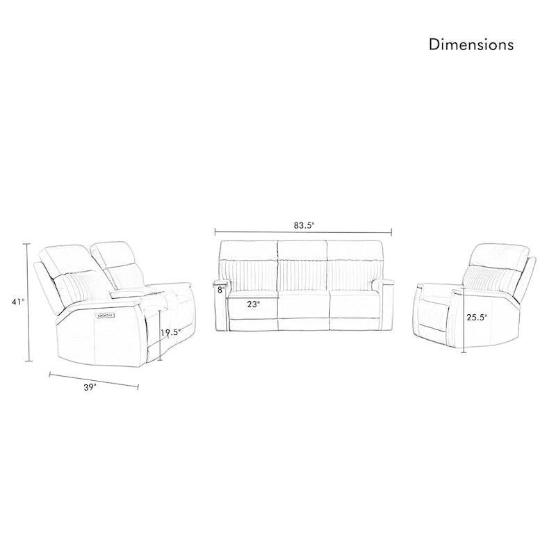 Ensemble de canapés inclinables électriques zéro gravité en cuir 3 pièces avec appuie-tête et support lombaire électriques, ports USB et USB-C