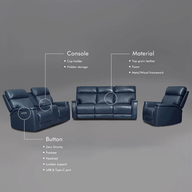 Ensemble de canapés inclinables électriques zéro gravité en cuir 3 pièces avec appuie-tête et support lombaire électriques, ports USB et USB-C
