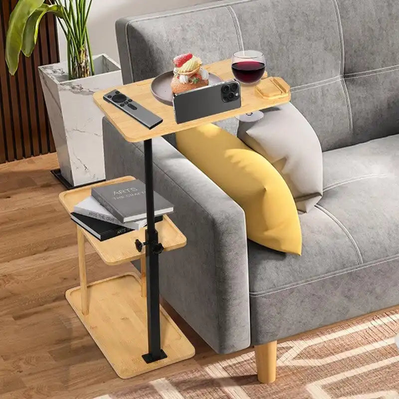 Table d'appoint de canapé en bambou et noir en forme de C, 3 niveaux, réglable en hauteur, 1 personne