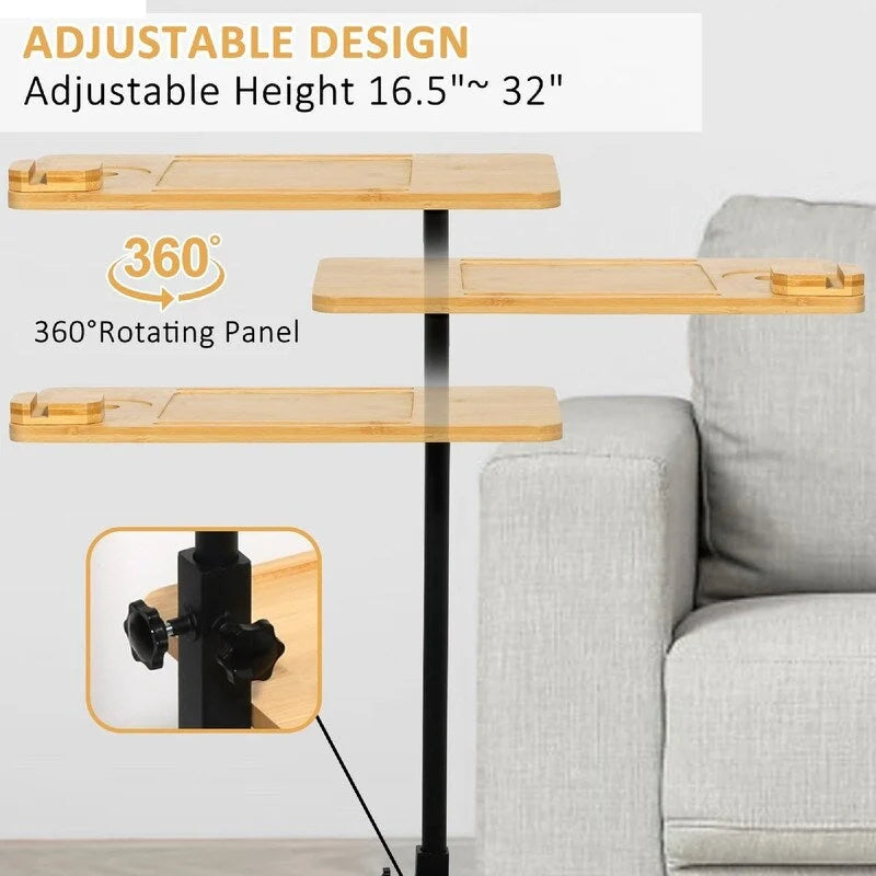 Table d'appoint de canapé en bambou et noir en forme de C, 3 niveaux, réglable en hauteur, 1 personne