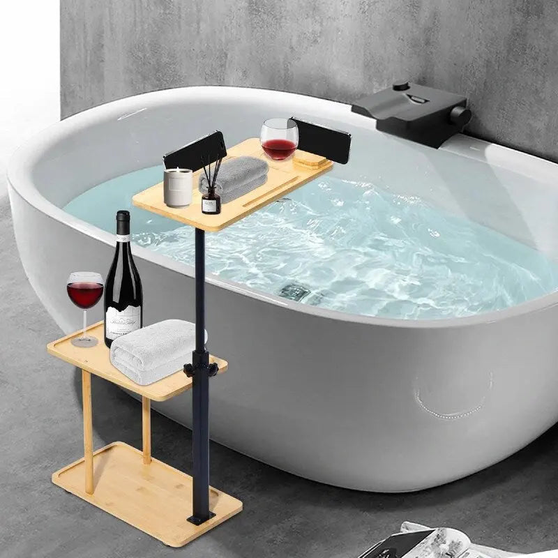 Table d'appoint de canapé en bambou et noir en forme de C, 3 niveaux, réglable en hauteur, 1 personne