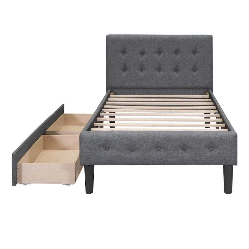 Lit plateforme capitonné double avec 2 tiroirs de rangement et tête de lit capitonnée, pas besoin de sommier tapissier, facile à assembler