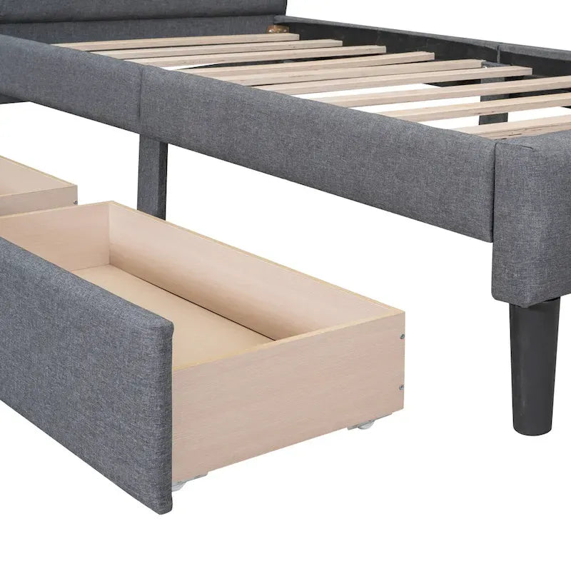 Lit plateforme capitonné double avec 2 tiroirs de rangement et tête de lit capitonnée, pas besoin de sommier tapissier, facile à assembler