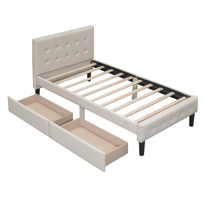 Lit plateforme capitonné double avec 2 tiroirs de rangement et tête de lit capitonnée, pas besoin de sommier tapissier, facile à assembler