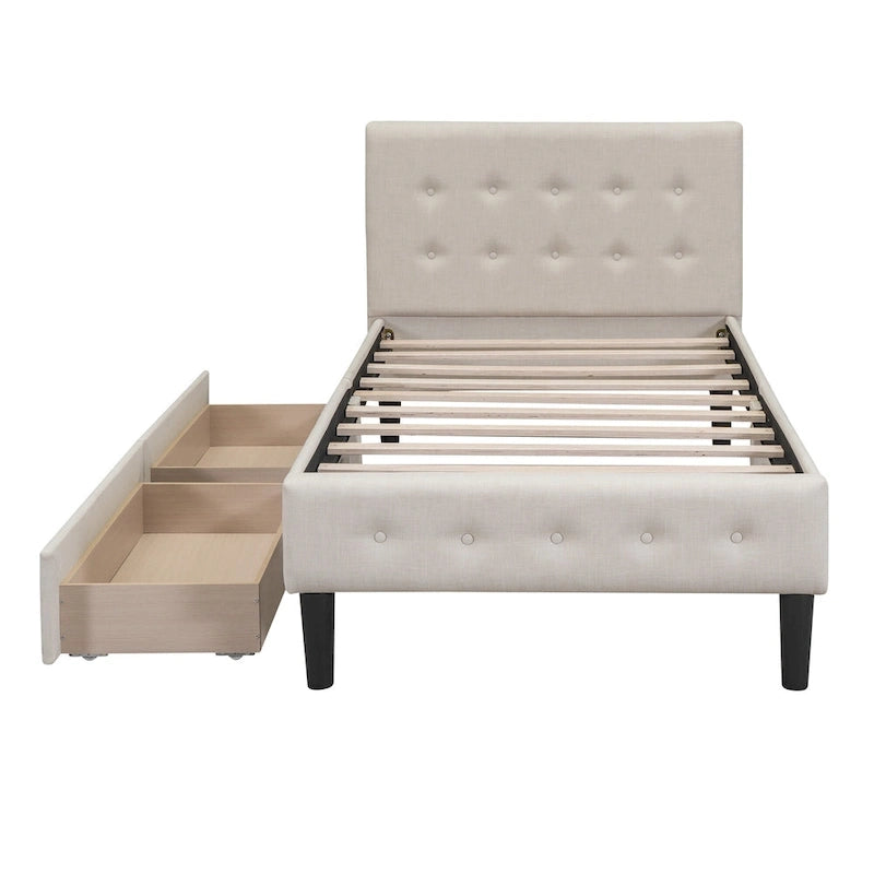 Lit plateforme capitonné double avec 2 tiroirs de rangement et tête de lit capitonnée, pas besoin de sommier tapissier, facile à assembler