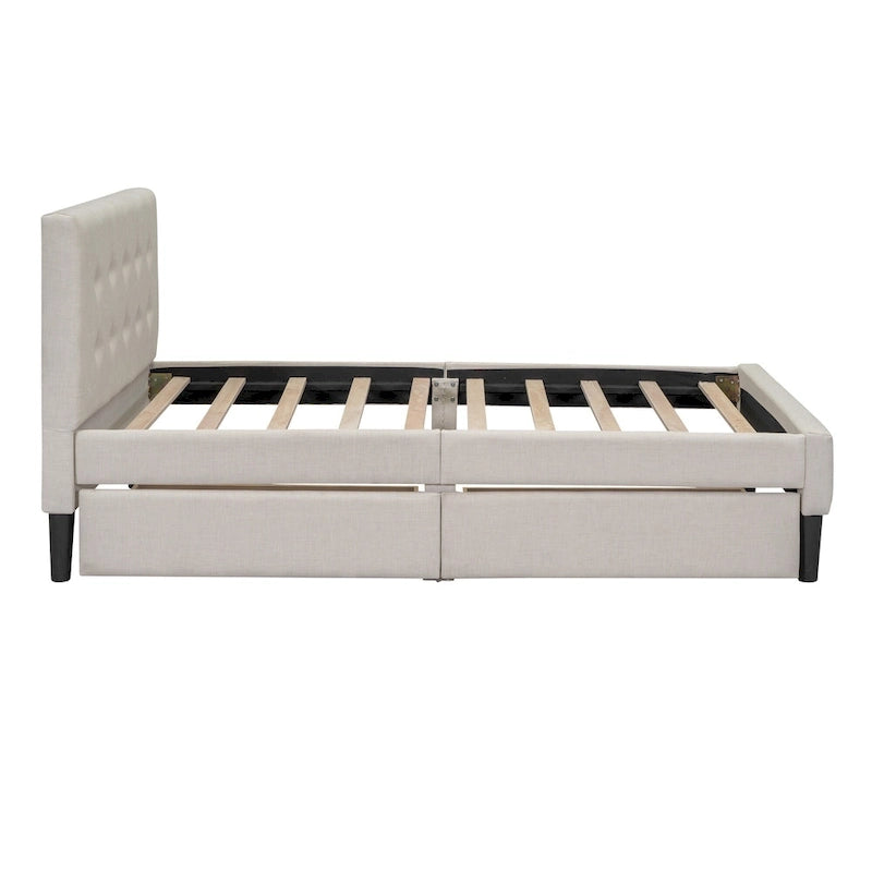 Lit plateforme capitonné double avec 2 tiroirs de rangement et tête de lit capitonnée, pas besoin de sommier tapissier, facile à assembler