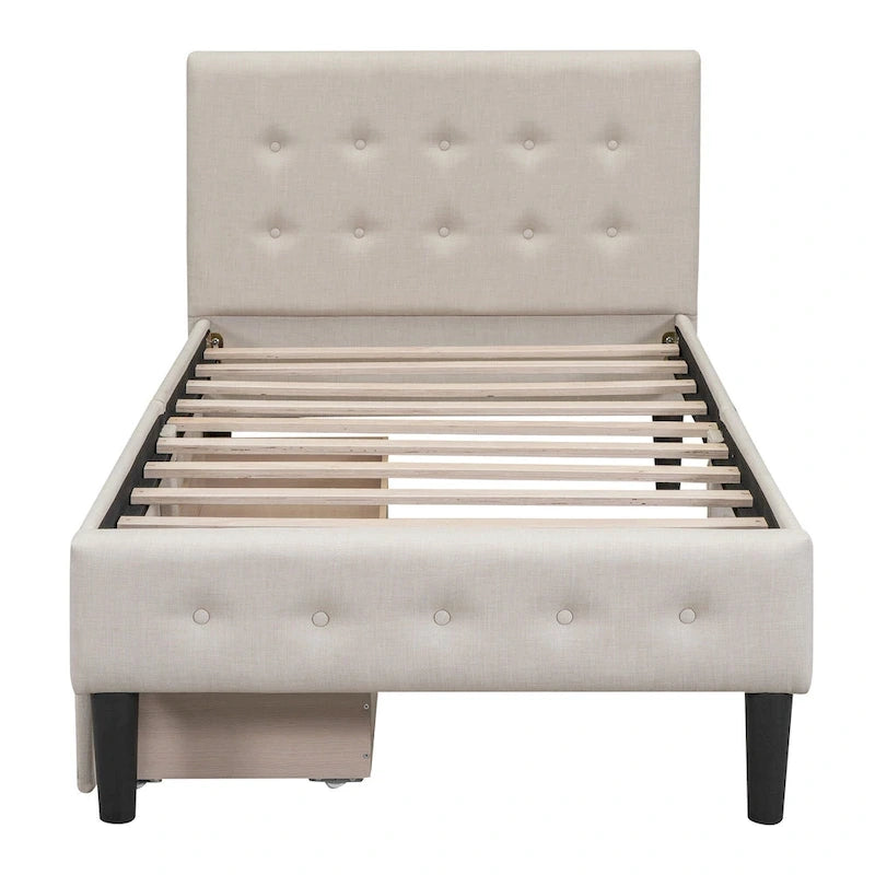Lit plateforme capitonné double avec 2 tiroirs de rangement et tête de lit capitonnée, pas besoin de sommier tapissier, facile à assembler