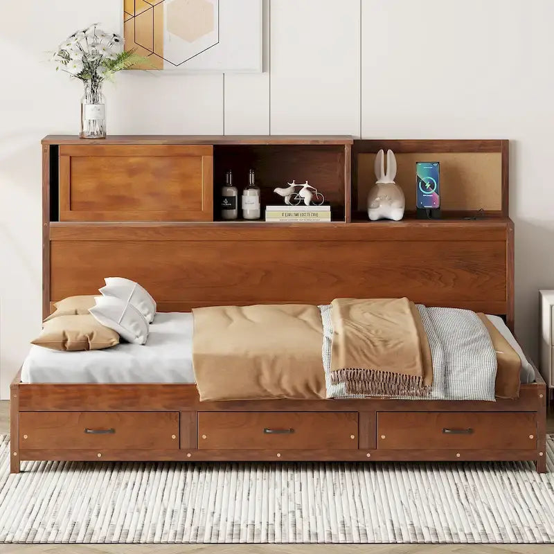 Lit de repos double en bois avec 3 tiroirs de rangement, ports USB, étagère coulissante, Noyer