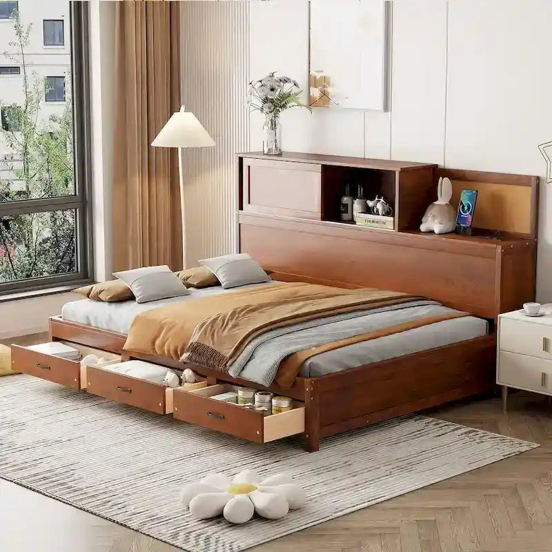 Lit de repos double en bois avec 3 tiroirs de rangement, ports USB, étagère coulissante, Noyer