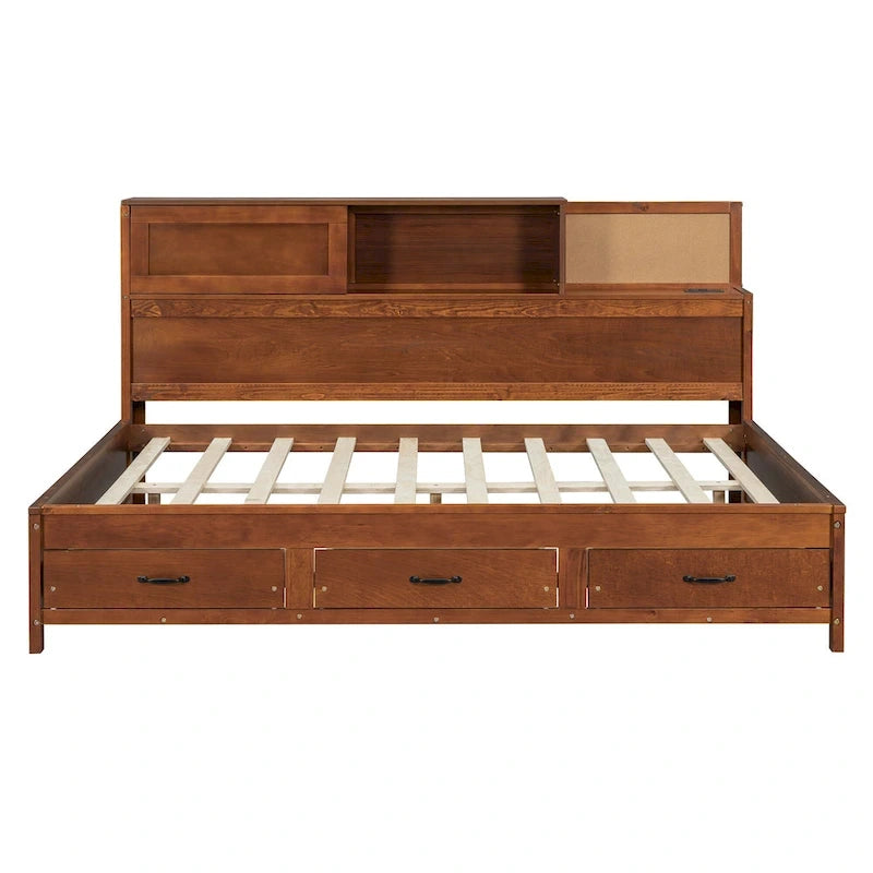 Lit de repos double en bois avec 3 tiroirs de rangement, ports USB, étagère coulissante, Noyer