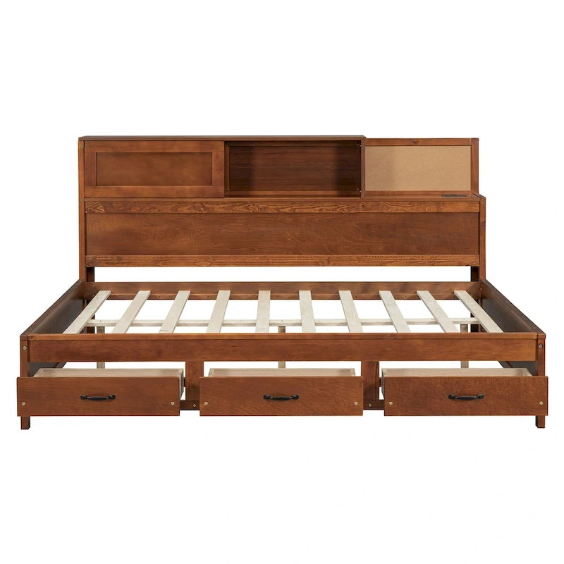 Lit de repos double en bois avec 3 tiroirs de rangement, ports USB, étagère coulissante, Noyer