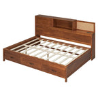 Lit de repos double en bois avec 3 tiroirs de rangement, ports USB, étagère coulissante, Noyer