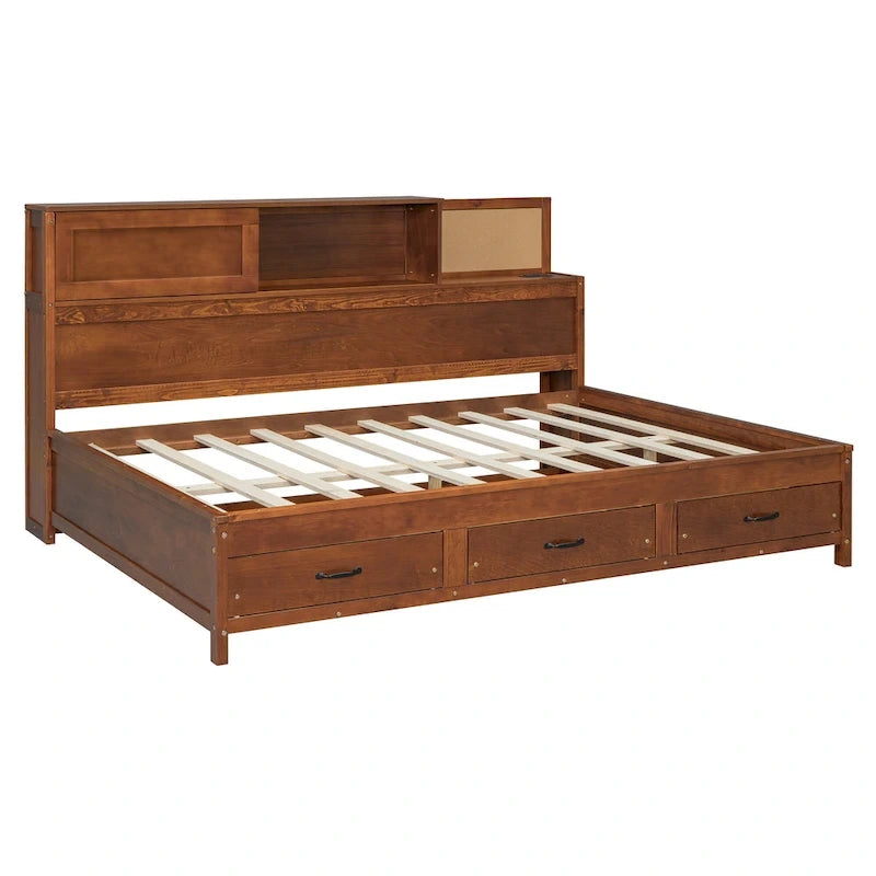Lit de repos double en bois avec 3 tiroirs de rangement, ports USB, étagère coulissante, Noyer