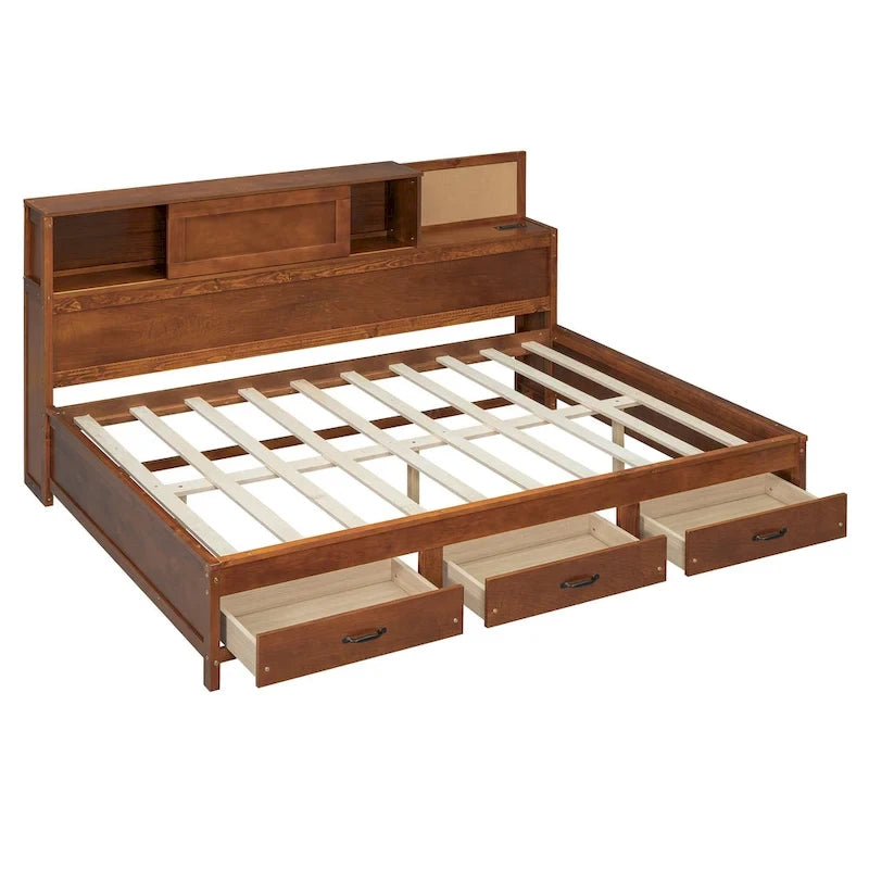 Lit de repos double en bois avec 3 tiroirs de rangement, ports USB, étagère coulissante, Noyer