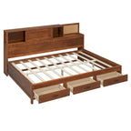 Lit de repos double en bois avec 3 tiroirs de rangement, ports USB, étagère coulissante, Noyer