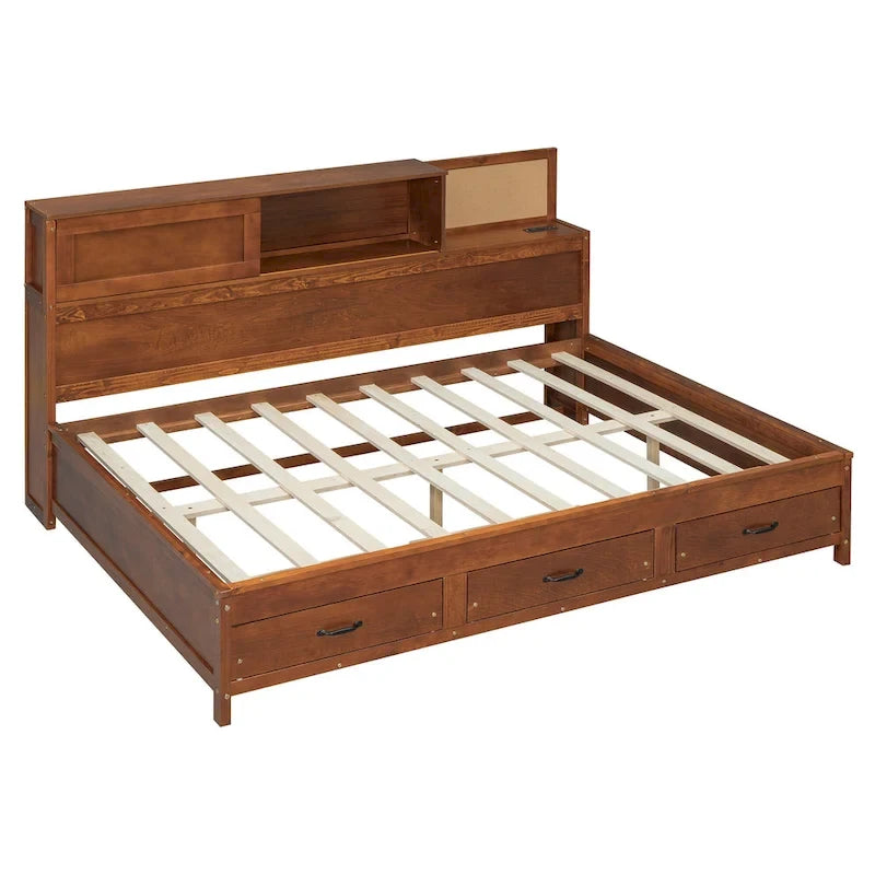 Lit de repos double en bois avec 3 tiroirs de rangement, ports USB, étagère coulissante, Noyer