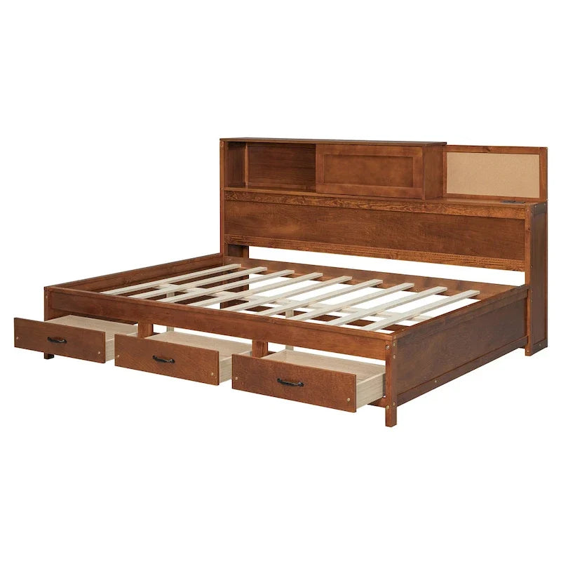 Lit de repos double en bois avec 3 tiroirs de rangement, ports USB, étagère coulissante, Noyer